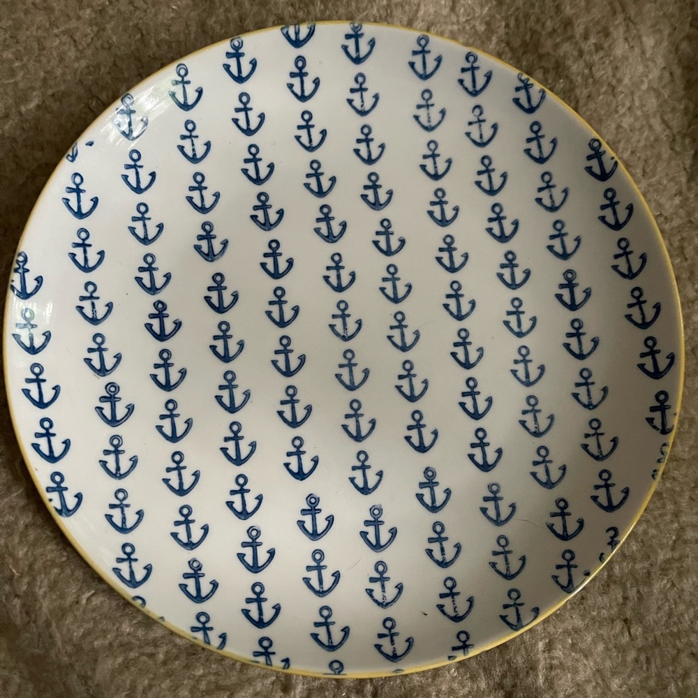 8-inch Decorative Anchor Plate Navy On White Yellow Trim  Creative Co-op